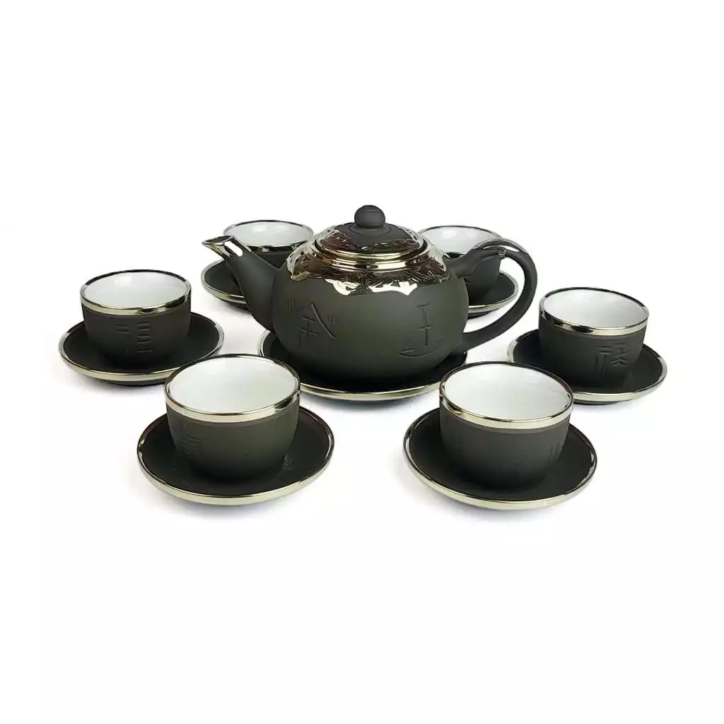 Bộ Ấm Chén Tử Sa 350ml Bọc Đồng Gốm Sứ Bát Tràng Họa Tiết Phúc Lộc Thọ nghệ nhân Vương Mạnh Tuấn