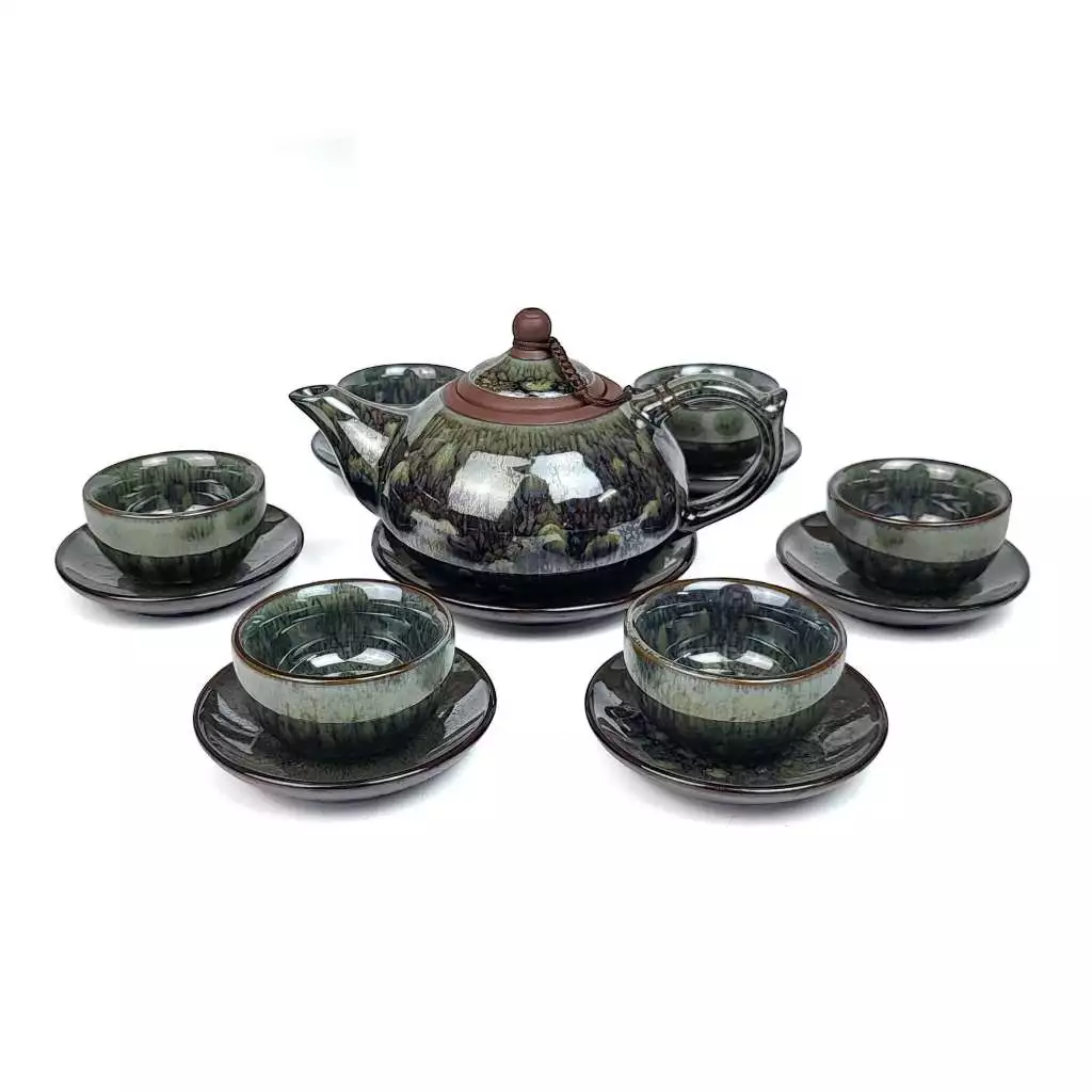Bộ Ấm Chén Tử Sa 300ml Ngọc Thạch Búp Sen Nhỏ Gốm Sứ Bát Tràng Men Hỏa Biến của nghệ nhân Vương Mạnh Tuấn