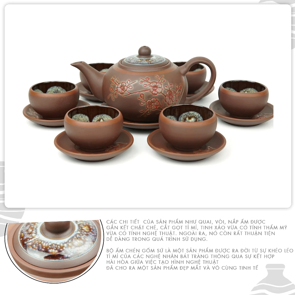 Bộ ấm Tử Sa 350ml Hỏa Biến Chén Lòng Hoa Gốm Sứ Bát Tràng của nghệ nhân Vương Mạnh Tuấn
